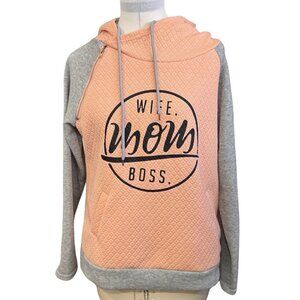 Women's‎ Graphic Pullover Sweatshirt Hoodie Medium Peach Gray Textured MOM BOSS
